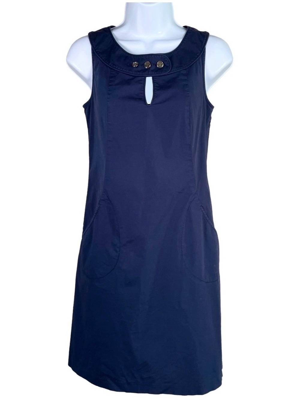 Tory Burch Navy Shift Dress Silver Logo Buttons Pockets Size 2 - Picture 2 of 8